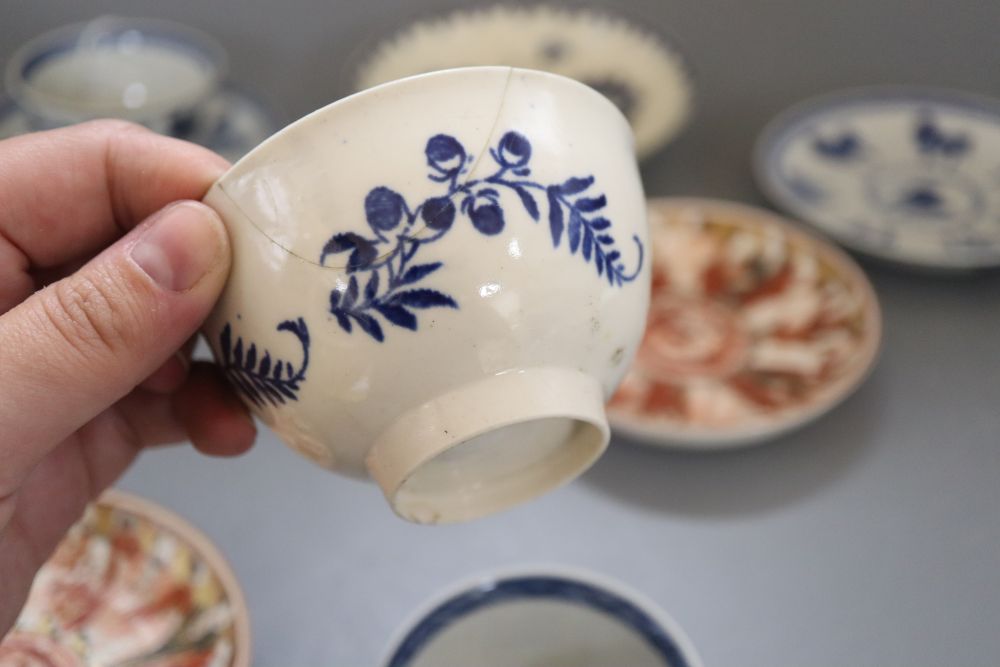 Three Chinese tea bowls and saucers and two other saucers